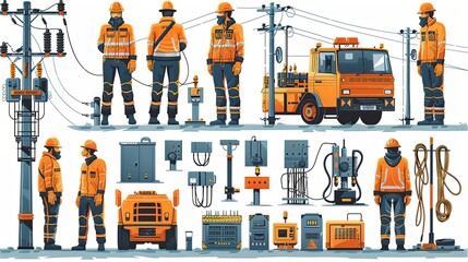 Fototapeta premium Vector illustration set of electrical workers. Illustration for website, landing page, mobile app, poster and banner. Trendy flat vector illustration