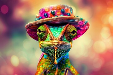 A chameleon wearing a bright hat on a blurred background. The concept of extravagance and uniqueness of nature.