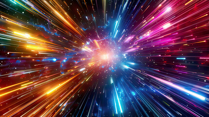 3D illustration of a space hyper jump with dynamic light beams and energy trails in vivid colors evoking the sensation of traveling through the cosmos at incredible speed 