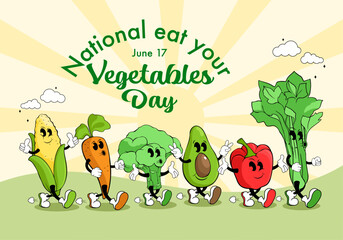 national eat your vegetables day, banner with groovy cartoon character vegetables,  vector illustration design