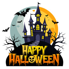 Happy Halloween typography with a creepy castle for t-shirt, banner, and poster design design