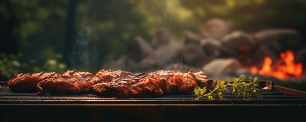 Grilled meat sizzling on a BBQ grill with flames in the background, perfect for outdoor cooking and summer gatherings.