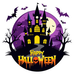 Happy Halloween typography with a creepy castle for t-shirt, banner, and poster design design