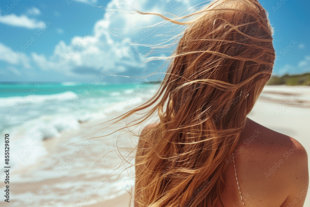 Wall mural young beautiful woman with long windy hair walking on the beach in bikini, back view