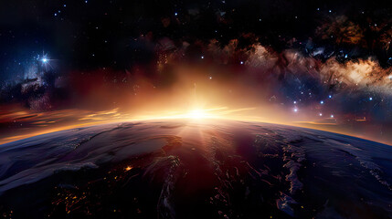 A breathtaking view beyond the confines of the Earth connecting with the stars featuring a stunning Milky Way galaxy a glowing sunrise over the planet and a myriad of twinkling stars 