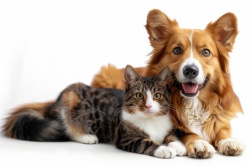 Cat and dog together as friends on a white background