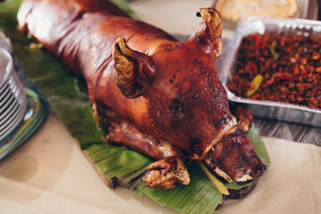 Close-up of the popular, delicious and crispy roasted pig known as 