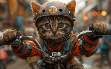 Fototapeta premium Cat wearing a peace sign helmet riding a bicycle