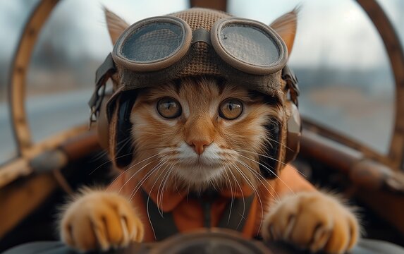 Cat wearing aviator goggles and pilot hat in cockpit