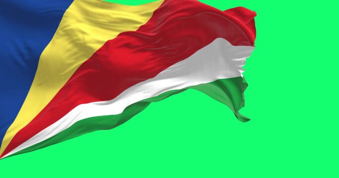 Seychelles national flag waving in the wind isolated on green background