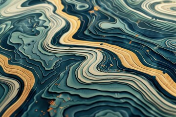 Fototapeta premium Abstract layered terrain with wavy contours in shades of green and gold. Topographical and geological concept.