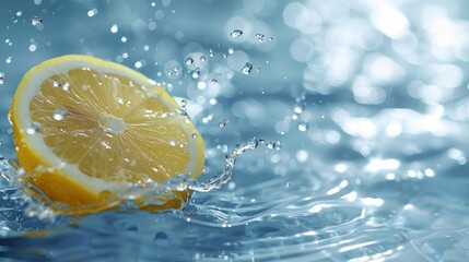 Fresh Lemon Slice Splashing in Water with Bokeh Background