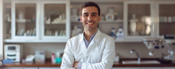 Happy european men dentist doctor with arms crossed in dental office, banner. Generative AI.