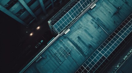 Obraz premium Photovoltaic cells on a sleek rooftop, generating solar power, top view, emphasizing renewable energy solutions, technology tone, Monochromatic Color Scheme