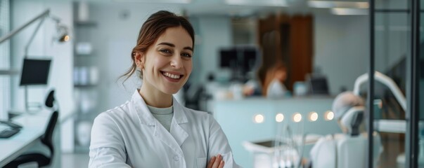 Happy european women dentist doctor with arms crossed in dental office, banner. Generative AI.