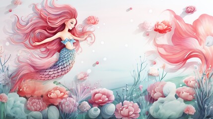 Beautiful mermaid with flowing pink hair and tail swimming in a magical underwater world.