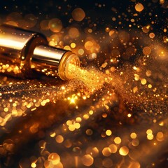 A commercially cosmetic illustration of a bottle of perfume lying on the sparkling sands, reflected by the glistening light around, with a black background.