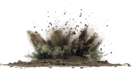 Dry Soil explosion with dirt and cloud smoke. Isolated on white background. Dirty ground abstract spread with flying particles