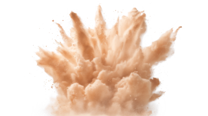 Dry Soil explosion with dirt and cloud smoke. Isolated on white background. Dirty ground abstract spread with flying particles