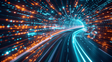 Tech city tunnel with light streaks, information superhighway