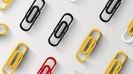 Obraz premium Vector illustration of multiple paper clips on a white background, simple design, flat vector graphic with white outlines, white and black color palette, minimalistic style, high resolution