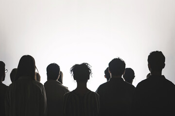 Obraz premium Silhouette of a group of people seen from behind against a white background, representing teamwork and collaboration.