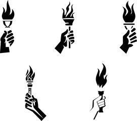 A series of five different images of people holding a torch