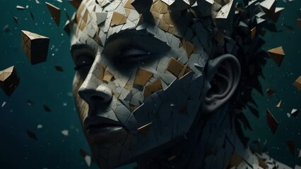 Mental health, depression, self-destruction concept. Human figure mannequin disintegrating into particles