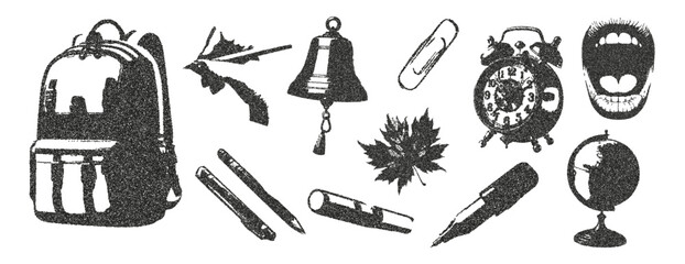 Trendy set of retro-style elements-photocopies Back to School. Backpack, alarm clock, pencil, pen, pen, globe, bell, paper clip, marker. Modern vector illustration with dotted halftones.