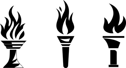 Three black and white symbols of fire, each with a different shape and size