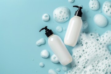 Aerial view of soap dispensers on blue background