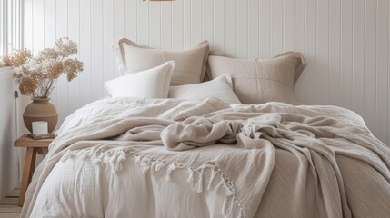 A minimalist bedroom with cozy bedding and stylish decor