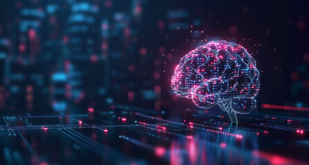 Digital brain hologram on tech background representing AI, and high-tech concepts