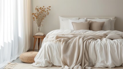 A minimalist bedroom with cozy bedding and stylish decor