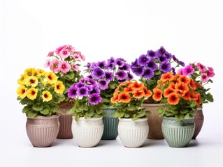 Obraz premium Brightly colored pots with blooming flowers such as geraniums, daisies, or petunias, adding a pop of color against a white background