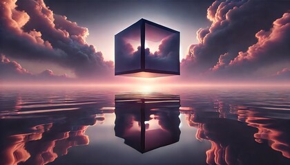 Floating Cubic Structure Above Calm Water at Sunset

