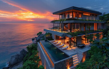 Obraz premium Modern coastal villa at sunset