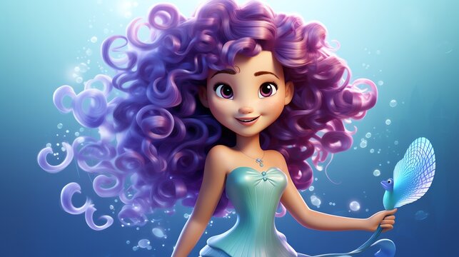 Smiling cartoon mermaid with purple hair and a blue tail, underwater.