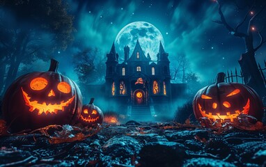 Spooky Halloween scene with jack-o'-lanterns and haunted house