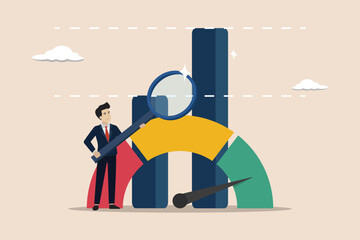 Benchmark performance or KPI key performance indicator, measurements to measure success, comparison concept, businessman zooming in on the scale of a benchmark metrics graph.