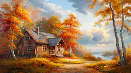 Small wooden house and autumn trees with orange yellow, artistic vision of beautiful autumn landscape, oil painting on canvas Wallpaper Poster