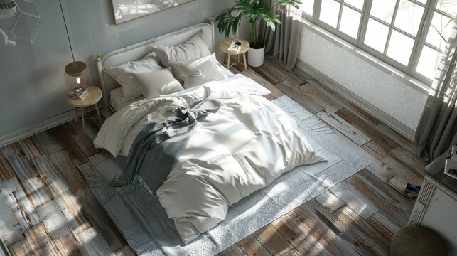 Reclaimed wood flooring in a chic bedroom, blending rustic and modern styles, top view, emphasizing sustainable decor, robotic tone, Analogous Color Scheme