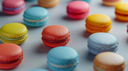 many colorful macarons cookies lie next to each other, blue background