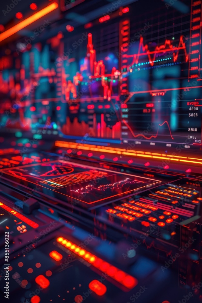 Poster futuristic desk with glowing devices displaying stock charts