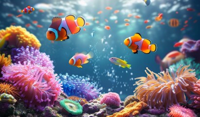 Obraz premium Two Clownfish Swimming Near a Sea Anemone in a Tropical Reef