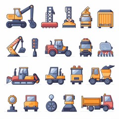 A pack of icones about Bulldozer, Backhoe, Grader, Roller, Scraper, Dump, truck, Crane, Truck, Loader, Digger, Dump, truck, Street, sweeper, Tractor, Plow, Conveyor, Safety, and vehicle