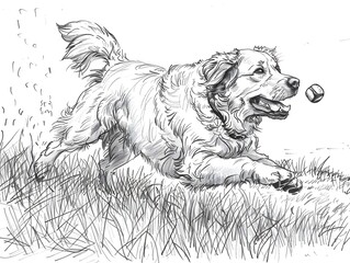Energetic Golden Retriever in Line Art Playing Fetch Outdoors