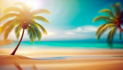 Obraz premium bright Abstract seascape with palm tree, tropical beach background. blur bokeh light of calm sea and sky. summer vacation background concept.