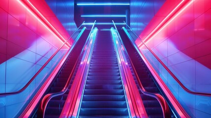 A neon colored escalator with a pink and blue stripe. The escalator is lit up and he is in a futuristic setting