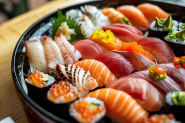 Gourmet Sushi Presentation Vibrant Assortment of Fresh Fish Slices and Handcrafted Seafood Rolls on a Decorative Platter